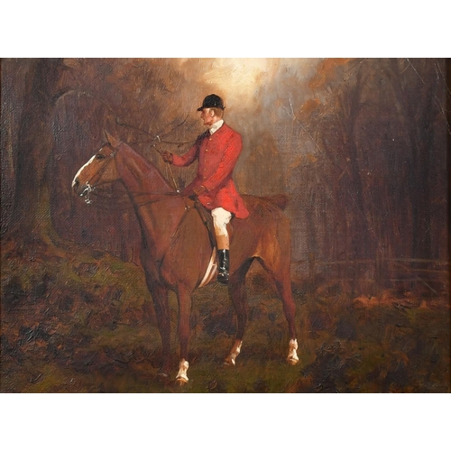 1303 - George Wright, 19th Century, a mounted huntsman in the woods, oil on canvas, signed, 7