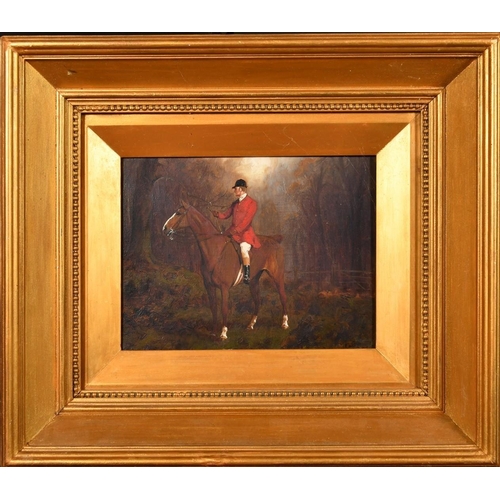 1303 - George Wright, 19th Century, a mounted huntsman in the woods, oil on canvas, signed, 7