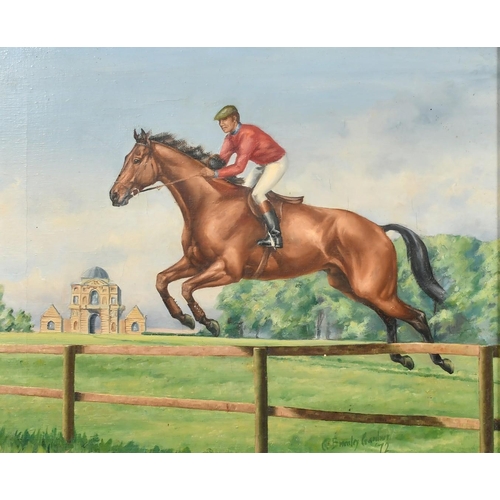 1305 - C. Bromley Gardner (Circa 1972), a figure on horseback jumping a fence, oil on canvas, signed, 16