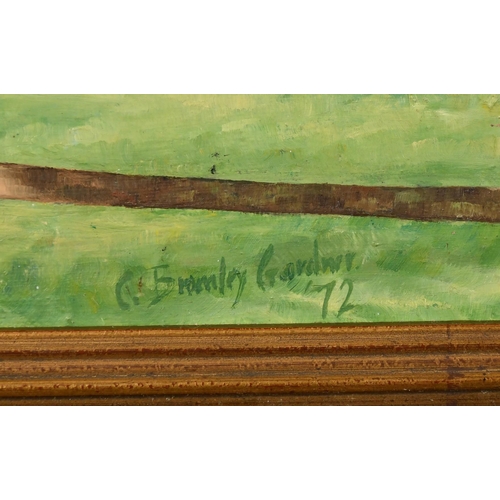 1305 - C. Bromley Gardner (Circa 1972), a figure on horseback jumping a fence, oil on canvas, signed, 16