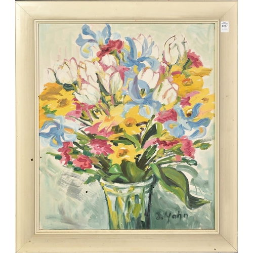 1307 - German School, 20th Century, still life of mixed flowers in a vase, oil on canvasboard, signed Hahn,... 