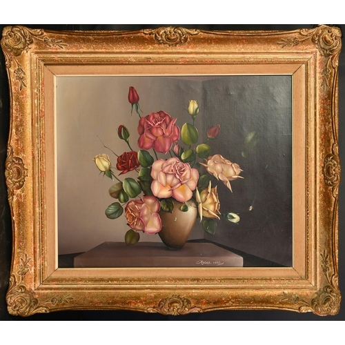 1309 - George Leslie Reekie (20th Century), a still life of roses in a vase, oil on canvas, signed and date... 