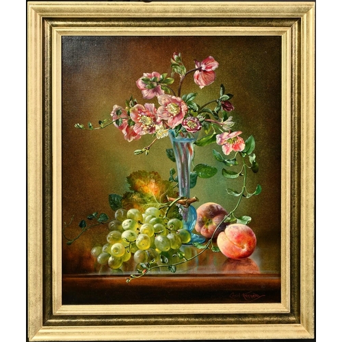 1310 - Cecil Kennedy (1905-1997), a still life of flowers in a bulbous glass vase with grapes and peaches, ... 