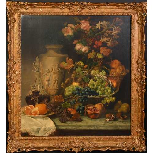 1312 - Circle of George Lance (1802-1864), an abundant still life of flowers grapes and other objects on a ... 