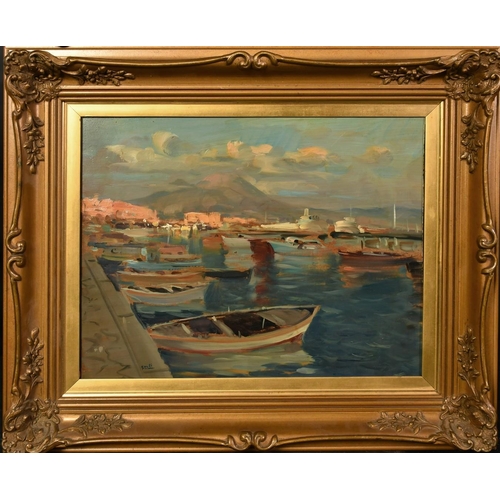 1323 - Carelli, 20th Century Italian School, boats in a quay with mountains beyond, oil on panel, signed, 1... 