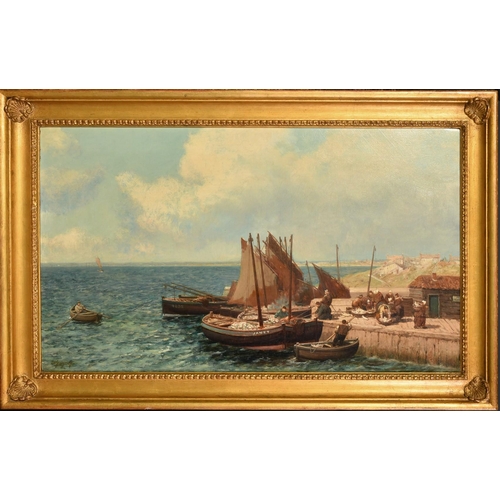 1324 - Alexander Young (1865-1923), figures and boats on a quay, oil on canvas, signed, 16