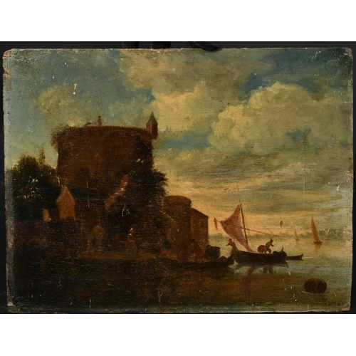 1328 - 18th Century Continental School, figures and boats on a quay with a fortified building beyond, oil o... 