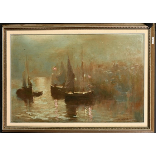 1331 - John Baragwanath King (1864-1939), shipping moored at a quay with glowing harbour lights, oil on can... 