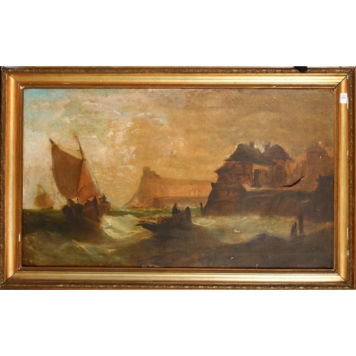 1334 - 19th Century English School, figure in a rowing boat hauling nets off a headland, oil on canvas, 22