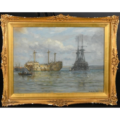 1336 - Arthur Wilde Parsons (1854-1931), 'Change', a naval ship rounding a hulk, oil on canvas, signed, 10.... 