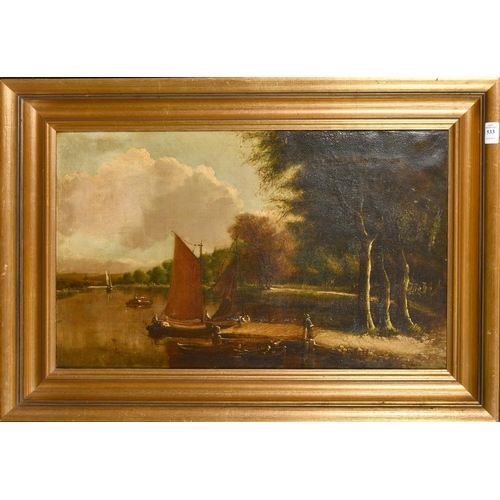 1337 - Norwich School, Crica 1885, figure on a jetty with sailboats on a river, oil on canvas, indistinctly... 