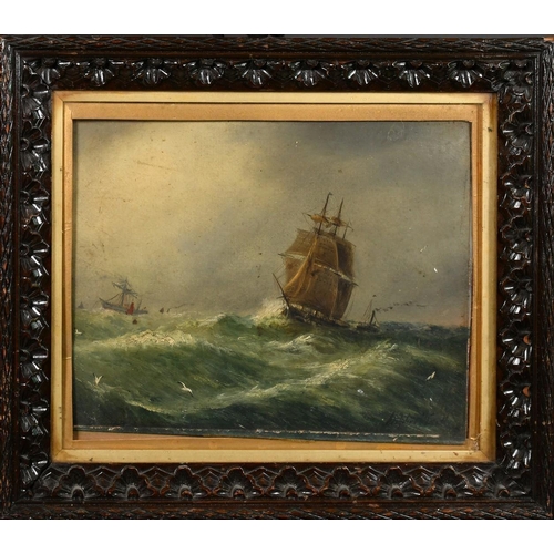 1343 - Adolphus Knell (19th Century), a three masted ship in rolling seas, oil on board, signed, 9