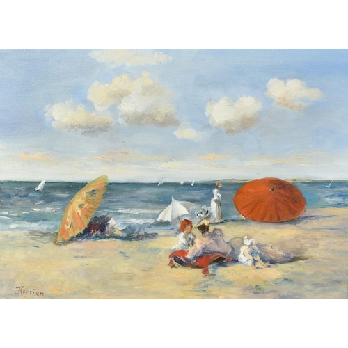 1352 - J. Kerrien, 20th Century, figures and parasols on a beach, oil on canvas, 10