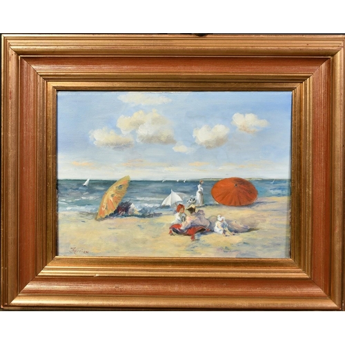 1352 - J. Kerrien, 20th Century, figures and parasols on a beach, oil on canvas, 10