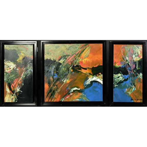 1354 - Pascal Magis (1955-2011) French, an abstract triptych, oil on canvas, signed, the central panel 16