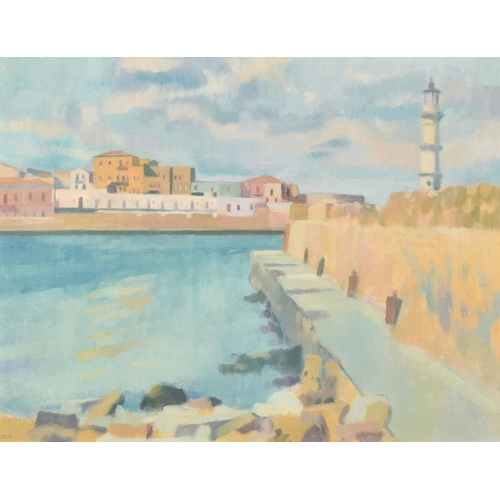 1357 - John Charles Wilkinson, 20th Century, 'Venetian Harbour Wall', oil on board, signed with initials, 1... 