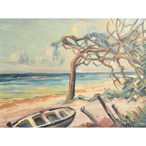 1362 - German School, 20th Century, coastal scene with fishing boats on a beach, oil on canvasboard, signed... 