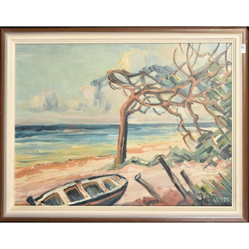 1362 - German School, 20th Century, coastal scene with fishing boats on a beach, oil on canvasboard, signed... 