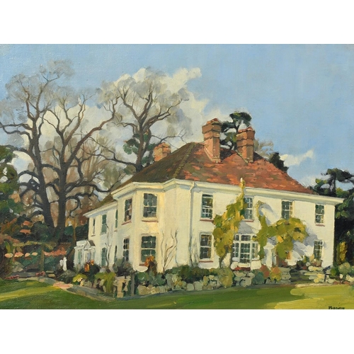 1363 - Modern British School, a white manor house with a red-tiled roof, oil on canvas, signed Moore, 14