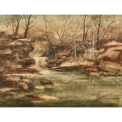 1364 - Leist, 20th century, a waterfall in a stylised landscape, oil on board, signed, 14