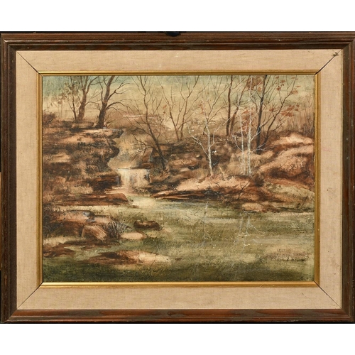 1364 - Leist, 20th century, a waterfall in a stylised landscape, oil on board, signed, 14