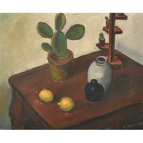 1365 - German School, 20th Century, a still life of mixed objects on a table, oil on canvas, indistinctly s... 