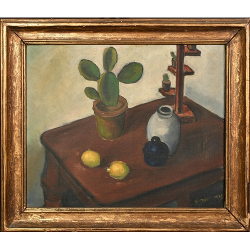 1365 - German School, 20th Century, a still life of mixed objects on a table, oil on canvas, indistinctly s... 