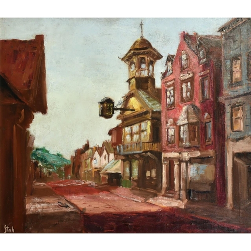 1369 - Mid-20th Century English School, a view of Guildford High Street with hills beyond, oil on canvas, i... 