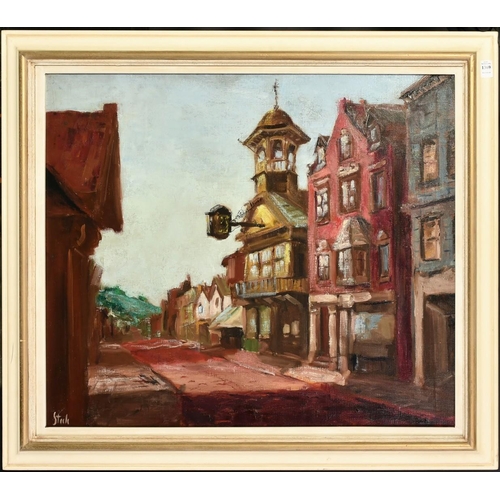 1369 - Mid-20th Century English School, a view of Guildford High Street with hills beyond, oil on canvas, i... 