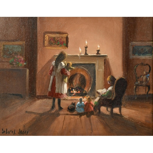 1372 - Deborah Jones (1921-2012), children with dolls and a cat by the fireside, oil on board, signed, 8