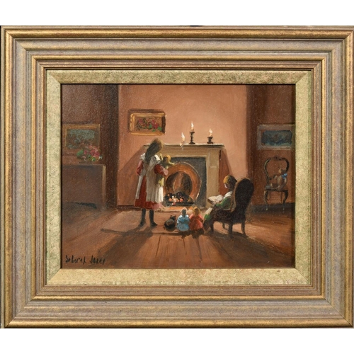 1372 - Deborah Jones (1921-2012), children with dolls and a cat by the fireside, oil on board, signed, 8