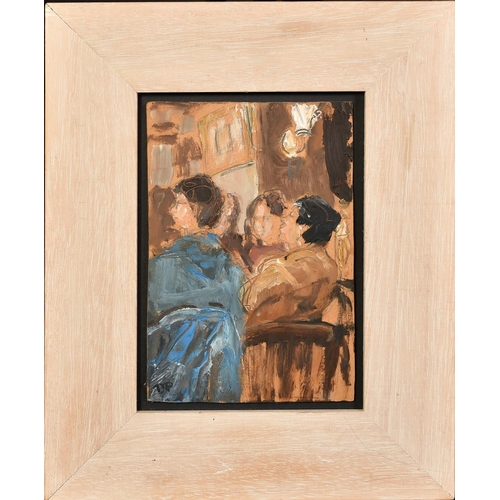 1373 - Manner of Walter Sickert, women seated inside a room, oil on board, signed with initials DP, 8