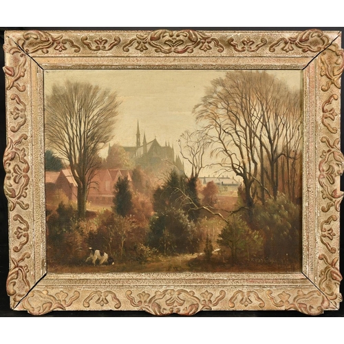 1375 - Modern British School, a spaniel on a woodland path with a cathedral beyond, oil on canvas, indistin... 