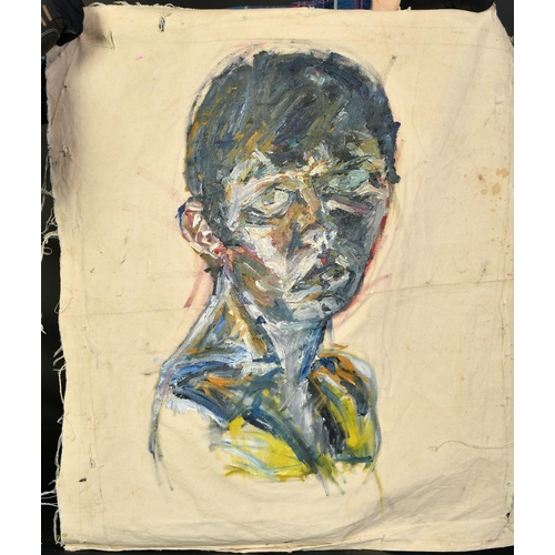 1376 - Manner of Frank Auerbach, head and shoulders study of a young man, oil on linen, unstretched and unf... 