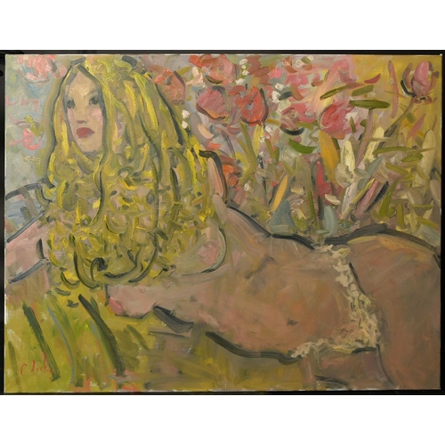 1385 - Kanwaldeep Singh Kang 'Nicks', (1964-2007), a study of a female figure lying amongst flowers, oil on... 