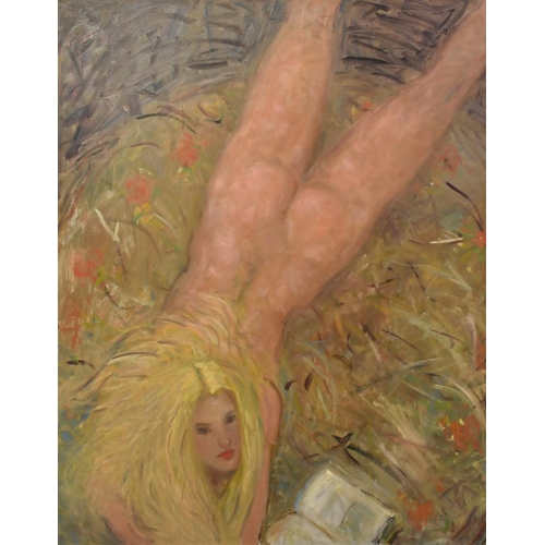 1388 - Kanwaldeep Singh Kang 'Nicks', (1964-2007), 'Model Jane', a female nude with an open book, oil on ca... 