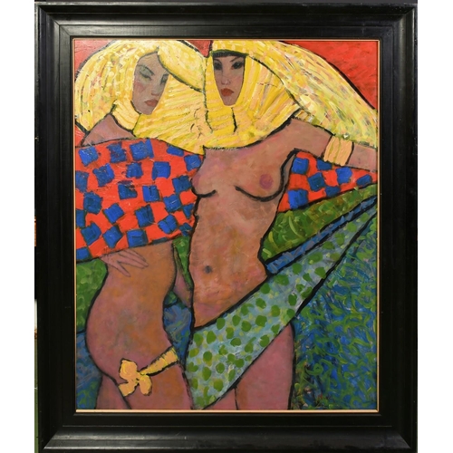 1389 - Kanwaldeep Singh Kang 'Nicks', (1964-2007), two female nudes with stylised hair against a colourful ... 