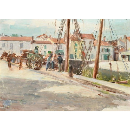 1392 - Henri Alberti (Early 20th Century), French, a horse and cart and figures gathered at a town quay, oi... 