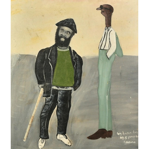 1399 - Nigerian School, Circa 1971, two male figures in a street, oil on board, signed Austin Arls, and ins... 