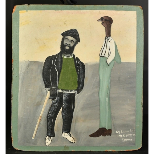 1399 - Nigerian School, Circa 1971, two male figures in a street, oil on board, signed Austin Arls, and ins... 