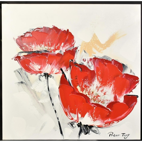 1401 - Peter Tang (20th Century), a study of red flowers, acrylic on canvas, signed, 31.5