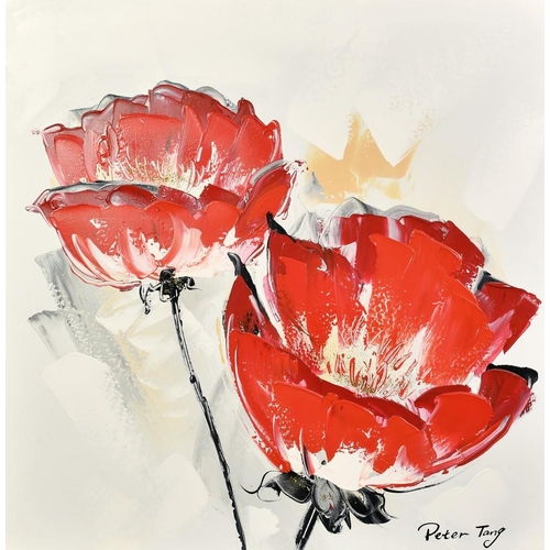 1402 - Peter Tang (20th Century), a study of red flowers, acrylic on canvas, signed, 31.5