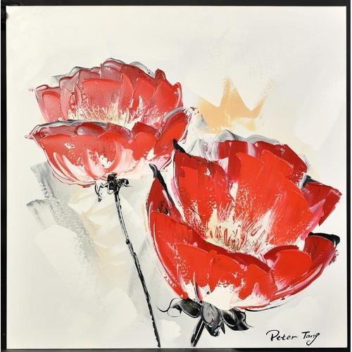 1402 - Peter Tang (20th Century), a study of red flowers, acrylic on canvas, signed, 31.5