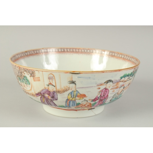 101 - A CHINESE EXPORT FAMILLE ROSE PORCELAIN PUNCH BOWL, the exterior painted with panels of figures, 26c... 