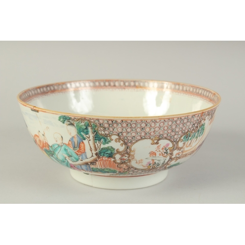 101 - A CHINESE EXPORT FAMILLE ROSE PORCELAIN PUNCH BOWL, the exterior painted with panels of figures, 26c... 