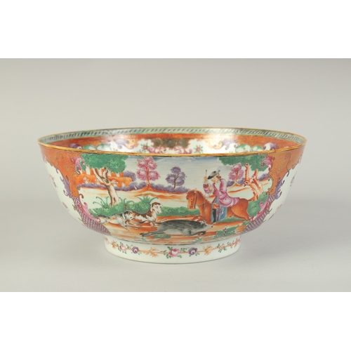102 - A CHINESE EXPORT FAMILLE ROSE PORCELAIN HUNTING SCENE PUNCH BOWL, painted with European figures on h... 