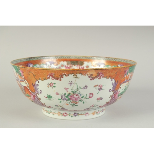 102 - A CHINESE EXPORT FAMILLE ROSE PORCELAIN HUNTING SCENE PUNCH BOWL, painted with European figures on h... 