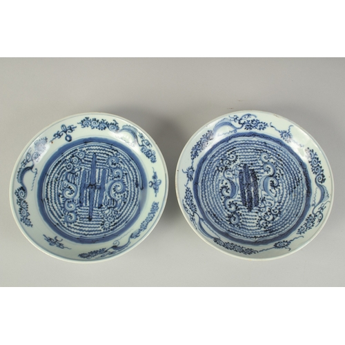 103 - A PAIR OF CHINESE BLUE AND WHITE PORCELAIN DISHES, each with character mark to base, 20cm diameter.