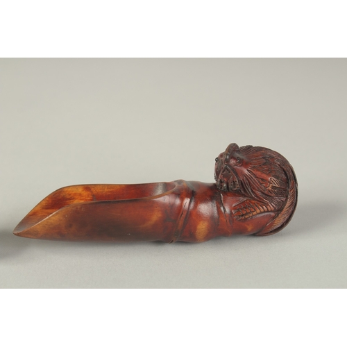 105 - TWO CARVED WOOD TEA SCOOPS, one carved with cockerel, the other carved with a goat, (2).