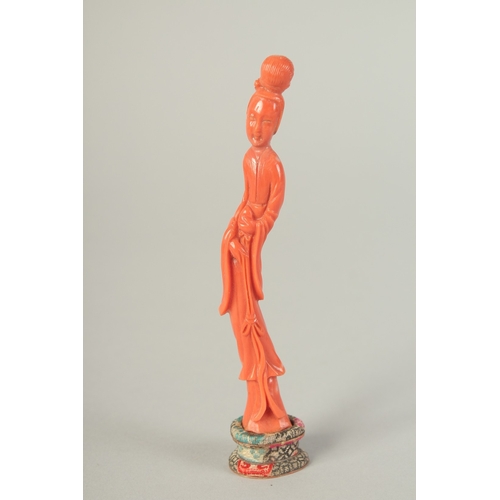 107 - A VERY FINE CHINESE CARVED CORAL FIGURE OF GUANYIN, on stand and in original fitted box with sliding... 